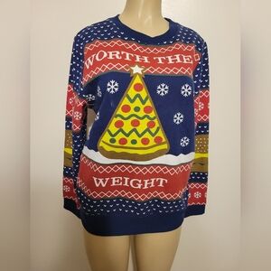MAD Engine Festive Blue Sweater Large Pizza Christmas  Ugly Sweater Gag Gift